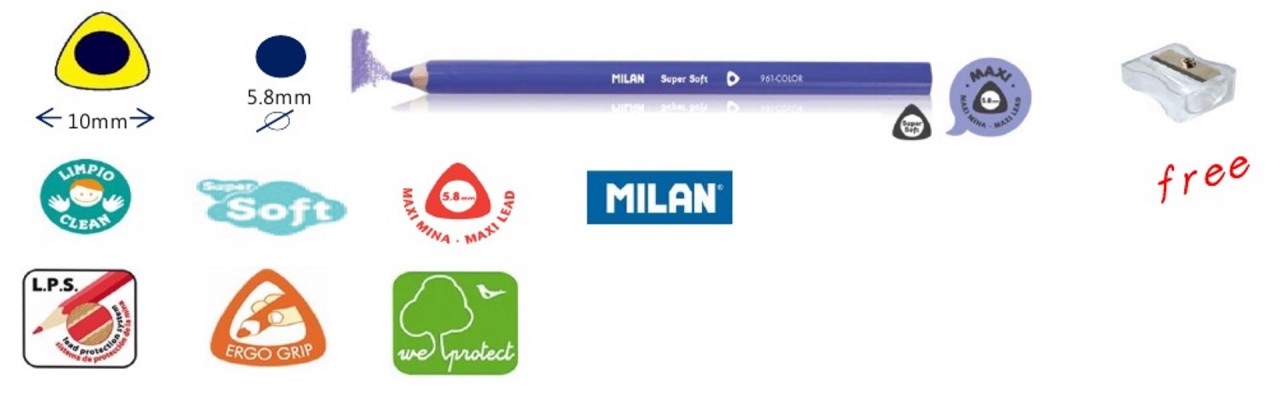西班牙 Milan 12色三角特粗蠟筆芯木桿顏色筆(附筆刨) 0792612